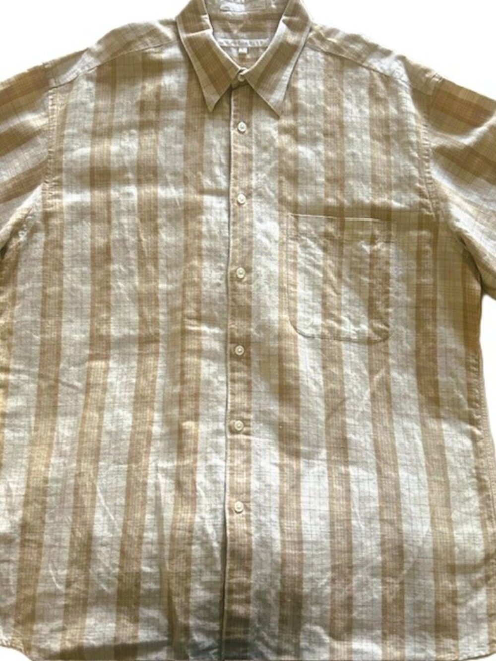 Perry Ellis Mens Shirt L Linen Cotton Blend Button Down Short Sleeves Beige Tan